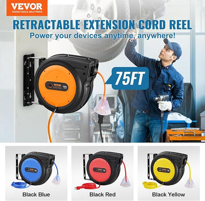 VEVOR Retractable Extension Cord Reel, 75 FT, Heavy Duty 14AWG/3C SJTOW - Image 2