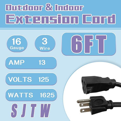 Extension Cord 6 FT, Outdoor 16/3 SJTW Weatherproof Black Electrical Cords - Image 2