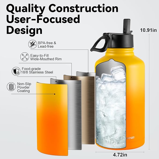 KXIAOCHEN Insulated Water Bottle, Stainless Steel Water Bottle, 2 Lids - Image 5