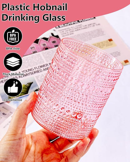 YOUBET 24PCS Plastic Drinking Glasses - 14OZ Pink Hobnail Drinkware Glasses - - Image 4
