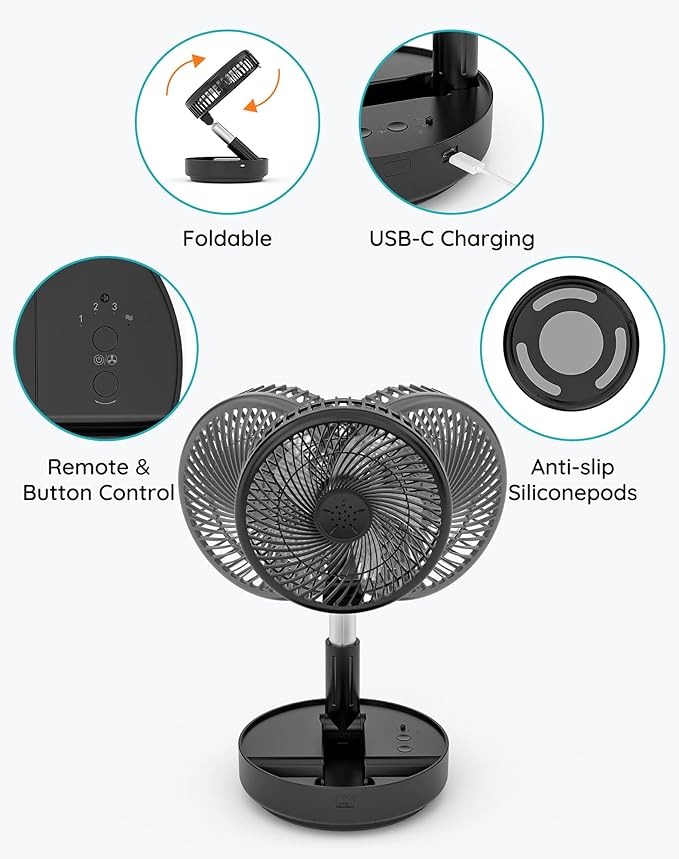 Primevolve Portable Oscillating Standing Fan, Rechargeable Battery Operated USB - Image 5