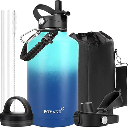Water Bottle Insulated 32oz 40oz 64oz 128oz Straw Lid Spout Lid & 3 Lids by POYAKU