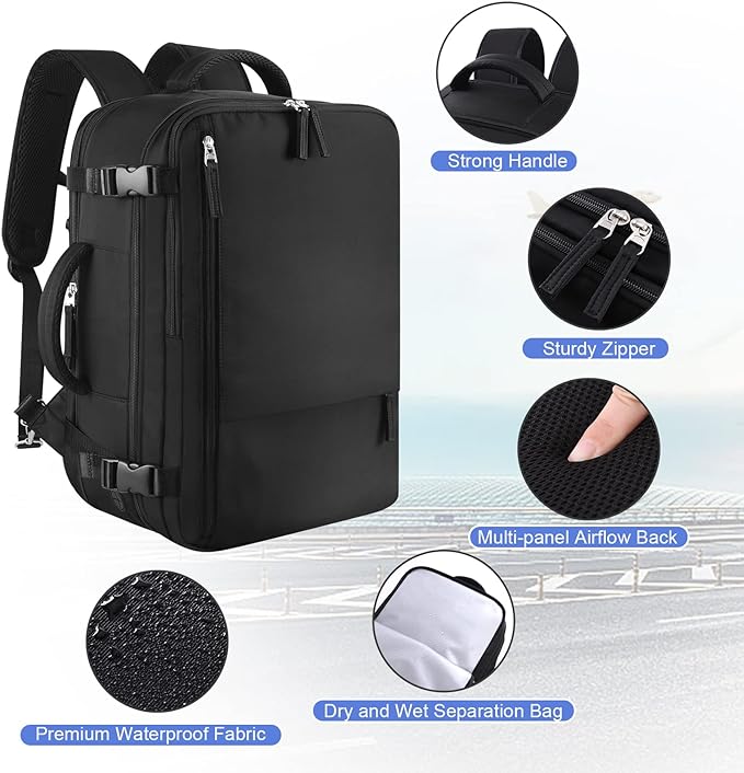 Sinaliy Large Travel Backpack for Women Men, Expandable 40L Carry On Backpack - Image 5