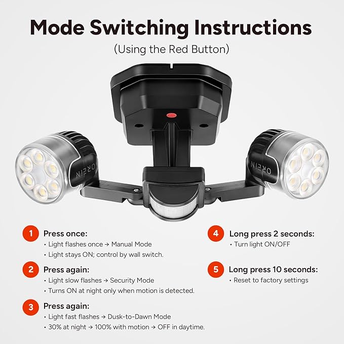 OREiN Motion Sensor Outdoor Security Lights, Dual-Head Adjustable LED Flood - Image 3