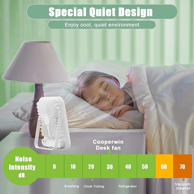 Travel Fan for Sleeping, 6.8" Small Portable Fan Rechargeable Battery Powered - Image 3
