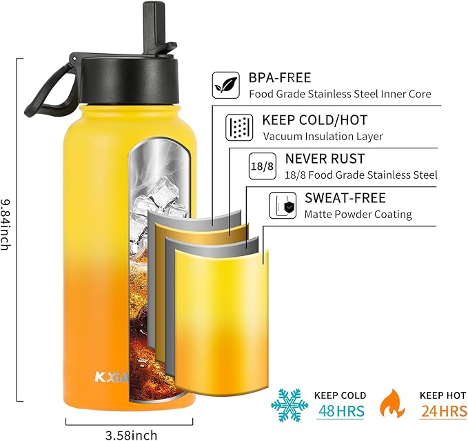 KXIAOCHEN Insulated Water Bottle, Stainless Steel Water Bottle, 2 Lids - Image 8