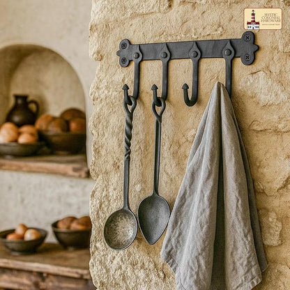 Mystic Colonial Medieval Rustic Hand-Forged Iron Wall Mounted Coat Rack | - Image 4