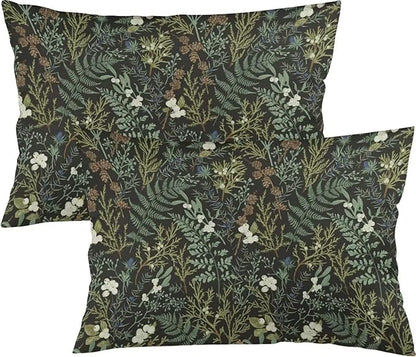 Botanical Print Floral Throw Pillow Covers Set of 2 Queen Size Black Sage Green by Unknown