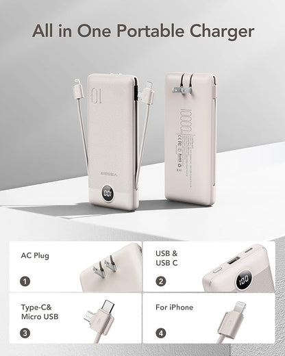 VEGER Portable Charger with Built-in AC Plug and Cables, All in One 10000mAh - Image 2