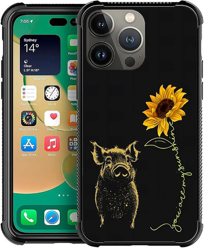 for iPhone 14 Pro Max Case, Pig Sunflower Yellow Sunshine Pattern Graphic by FKBRCL4U
