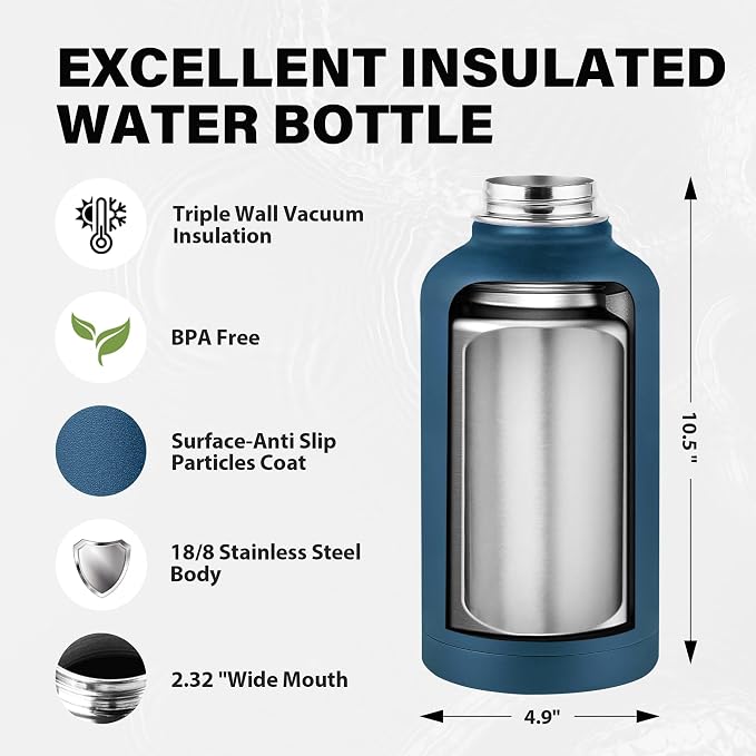 Insulated Water Bottle 64 oz, Triple Wall Vacuum Stainless Steel Water Bottles - Image 4