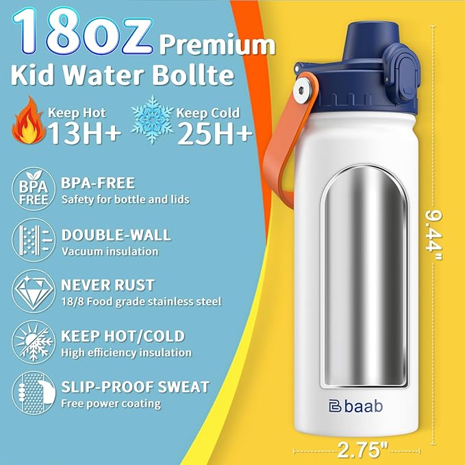 baab 18oz Kids Water Bottle, Insulated Kids Water Bottle - Image 2