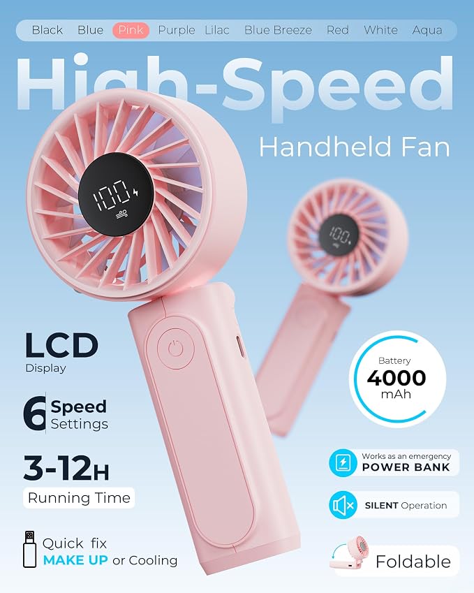 Peiyuu Handheld Portable Fan, 4000mAh USB Rechargeable Personal Fan, 180° - Image 2