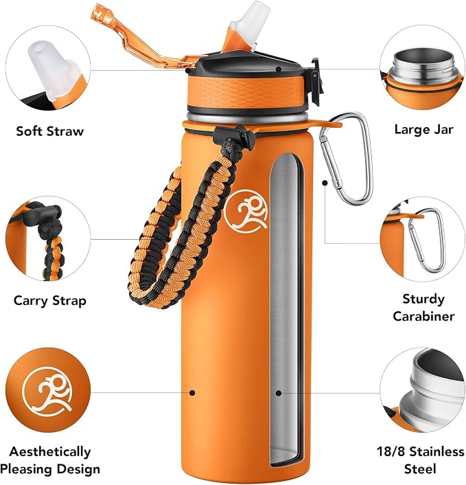 GOSWAG Insulated Sports Water Bottle, 24oz 2 Lids, Stainless Steel Water Bottles - Image 3