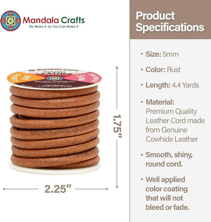 Mandala Crafts Round Cowhide Genuine Rust Leather Cord - Image 4