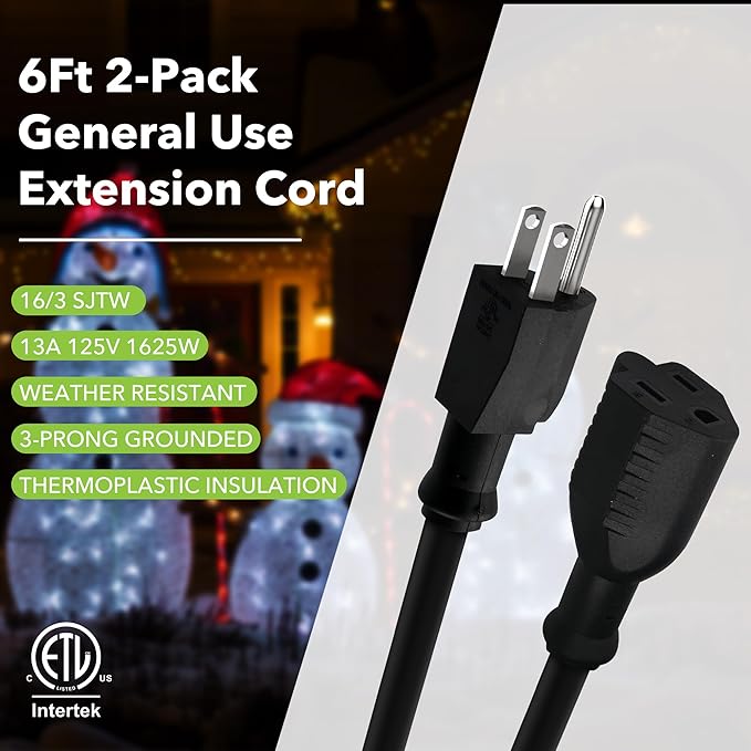 BN-LINK 6ft Indoor Outdoor Extension Cord 16/3 SJTW, 2 Pack, Weather Resistant - Image 3