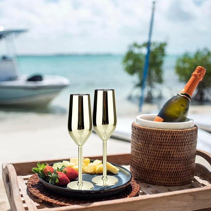 TJ Unbreakable 8 Oz Stainless Steel Champagne Flutes- Gold Champagne Glasses - Image 5