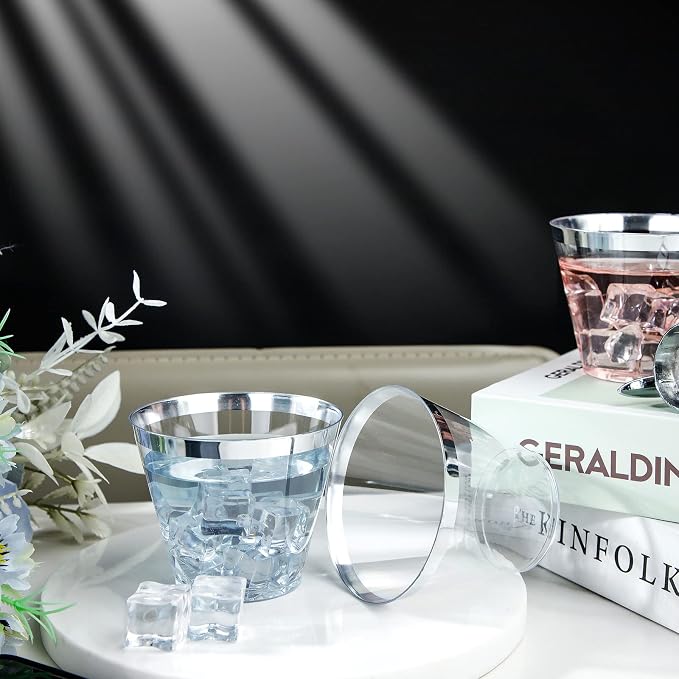 I00000 200pcs Silver Disposable Plastic Cups 9 oz Clear Plastic Cups Old - Image 3
