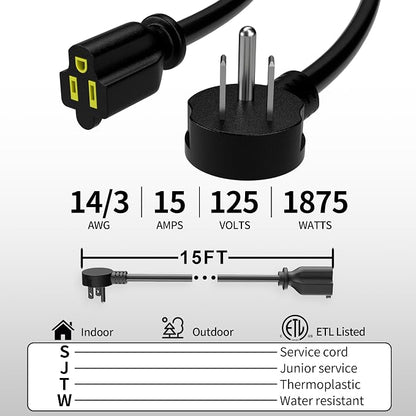 Vockjour 15 FT Black Low Profile Flat Plug 14 Gauge Heavy Duty Extension Cord - Image 2