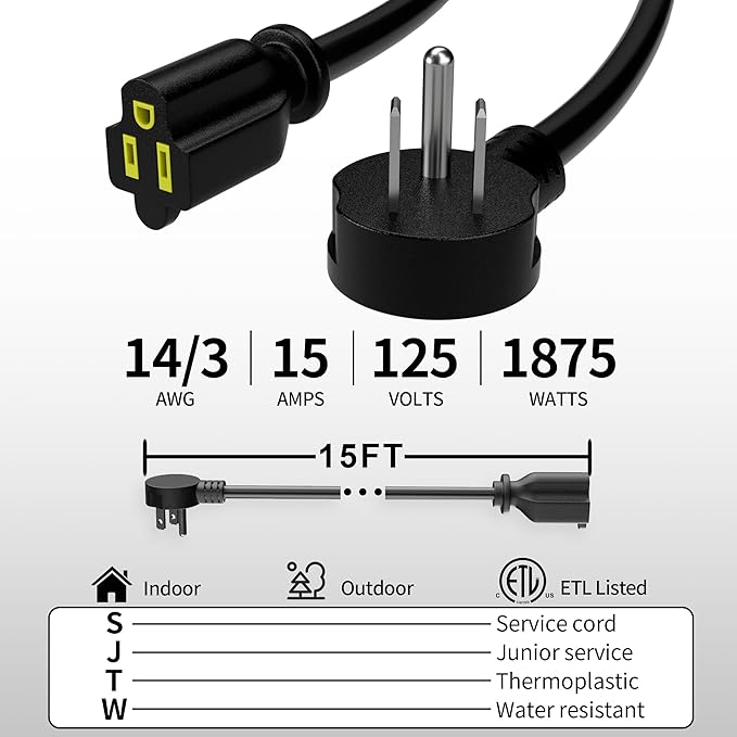 Vockjour 15 FT 2 Pack Black Low Profile Flat Plug 14 Gauge Heavy Duty Extension - Image 2