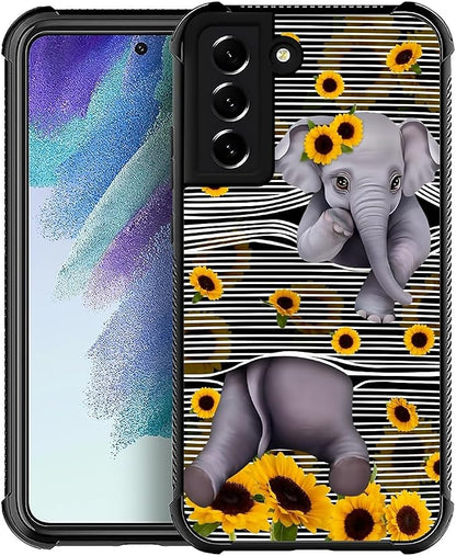 for Samsung Galaxy S22 Case, Cute Little Elephant Sunflower White Line Art by FKBRCL4U