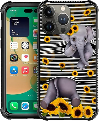 for iPhone 14 Pro Case, Cute Little Elephant Sunflower White Line Art Pattern by FKBRCL4U