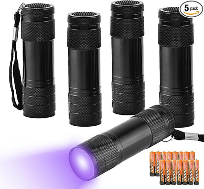 5 Pcs UV Black Light Flashlights Bulk, 9 Led 395-400nm Mini Blacklight Handheld by yikosam