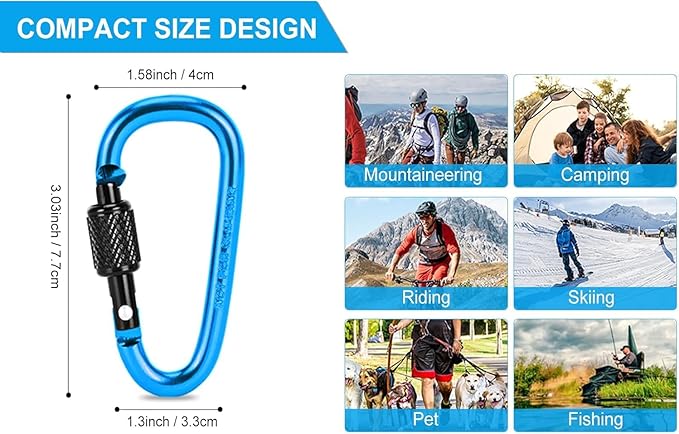 10 Pack Aluminum D Ring Key Rings Hiking Clips Locking Carabiner - Image 3