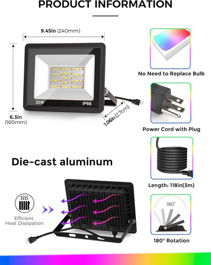 L LOHAS LED RGB LED Flood Light Outdoor, 25W DIY Color Changing Party Lights - Image 6