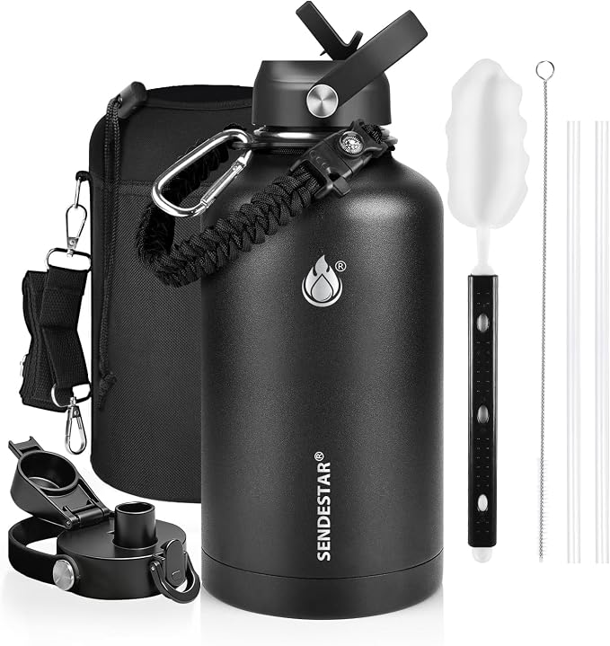 One Gallon Insulated Water Bottle, Triple Wall 128 oz Stainless Steel Wide by Sendestar