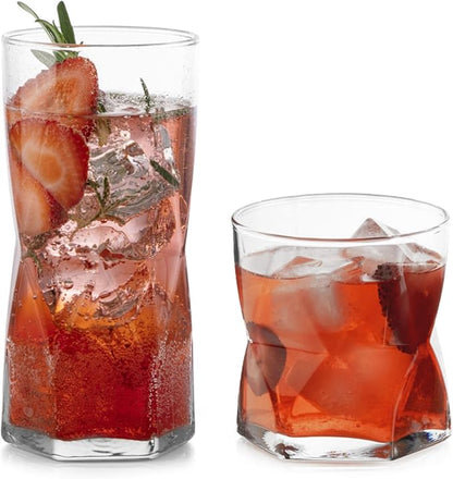Libbey Rhombus Tumbler and Rocks Drinking Glasses Set of 16, Fun Geometric by Libbey