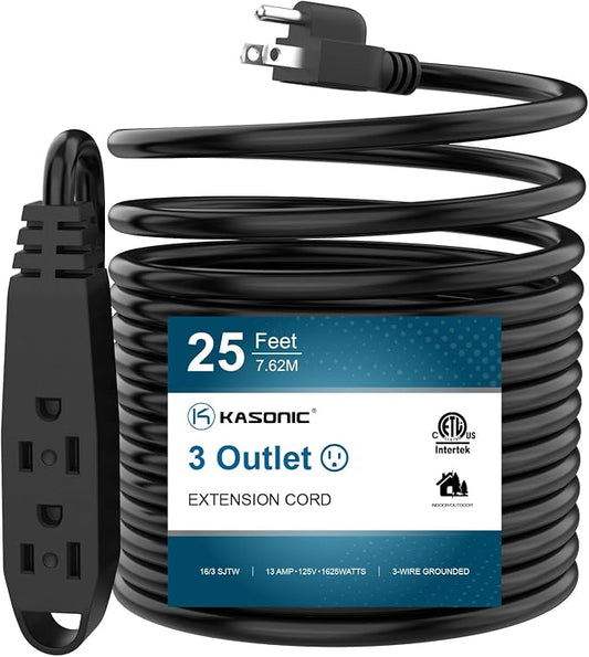 K KASONIC - 25-Feet 3 Outlet Extension Cord, UL Listed, 16/3 SJTW 3-Wire by KASONIC