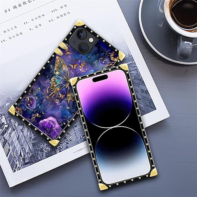 Compatible with iPhone 14 Case, Glistening Golden Butterfly Vibrant Purple Blue - Image 6