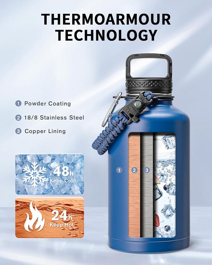 Trebo Water Bottle 64oz with Paracord Handle, Half Gallon Large Vacuum Triple - Image 2