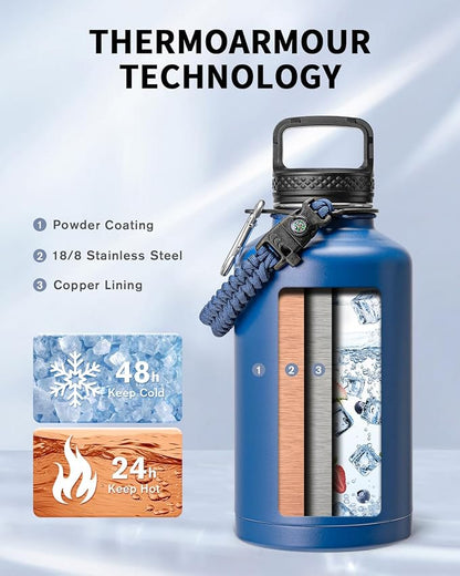 Trebo Water Bottle 64oz with Paracord Handle, Half Gallon Large Vacuum Triple - Image 2