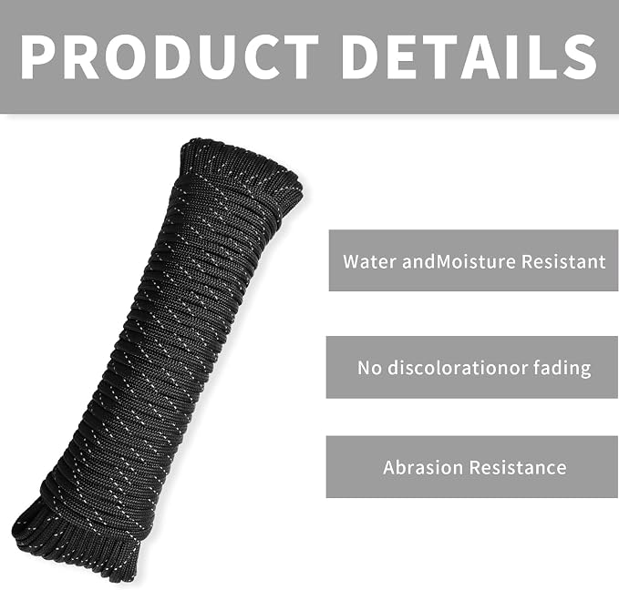 Paracord Rope, Reflective III Parachute Cord 7 Strand Core 550lb, 50ft Black - Image 3