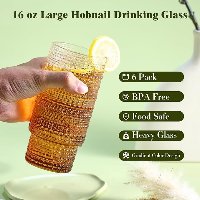 Large Capacity 16 oz Hobnail Drinking Glasses Set of 6, Vintage Glassware - Image 2