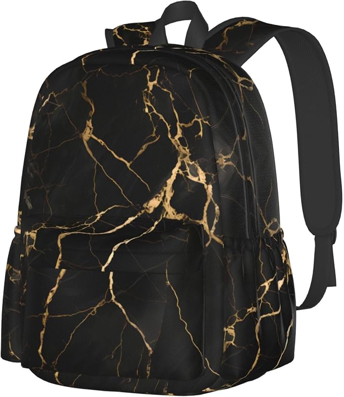 cfpolar 17 Inch Backpack Black & Gold Marble Art Laptop Bag Shoulder Bag School by homedecorations