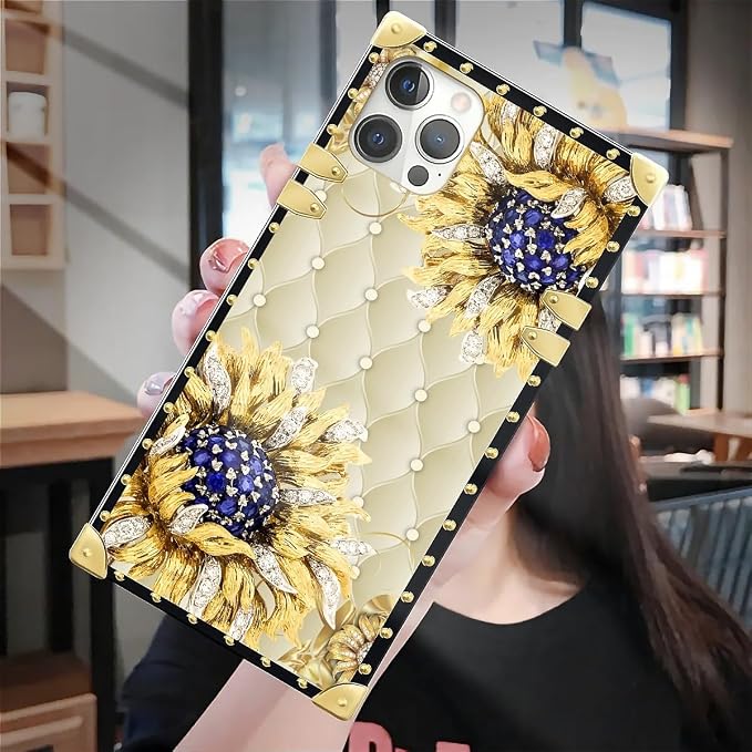 Compatible with iPhone 12 12 Pro Case, Sunflower Diamonds Leather Luxury Golden - Image 7