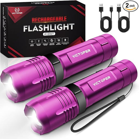 Victoper Pink Rechargeabe Flashlight 2 Pack, High Lumens 5 Modes LED Bright by Victoper