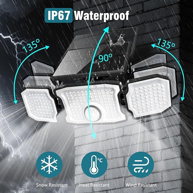 Solar Flood Lights Outdoor- 2800LM 200LED Solar Motion Sensor Lights, 3 Heads & - Image 5