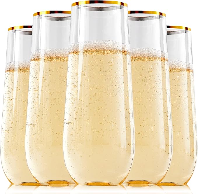 FOCUSLINE 24 Pack 9 Oz Plastic Stemless Gold Rim Champagne Flutes, Heavy Duty by FOCUSLINE