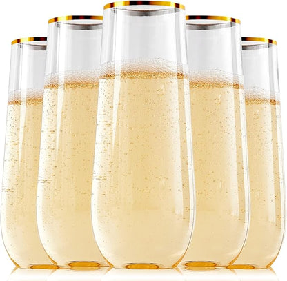 FOCUSLINE 24 Pack 9 Oz Plastic Stemless Gold Rim Champagne Flutes, Heavy Duty by FOCUSLINE