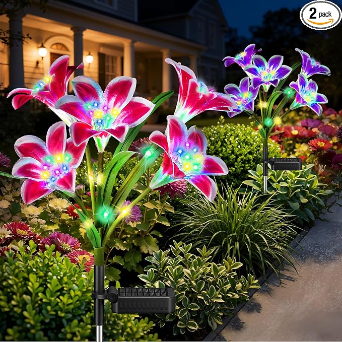 Upgrade Solar Lights Outdoor Garden Decor: 2 Pack Solar Lily Flowers, 10 by BONLION