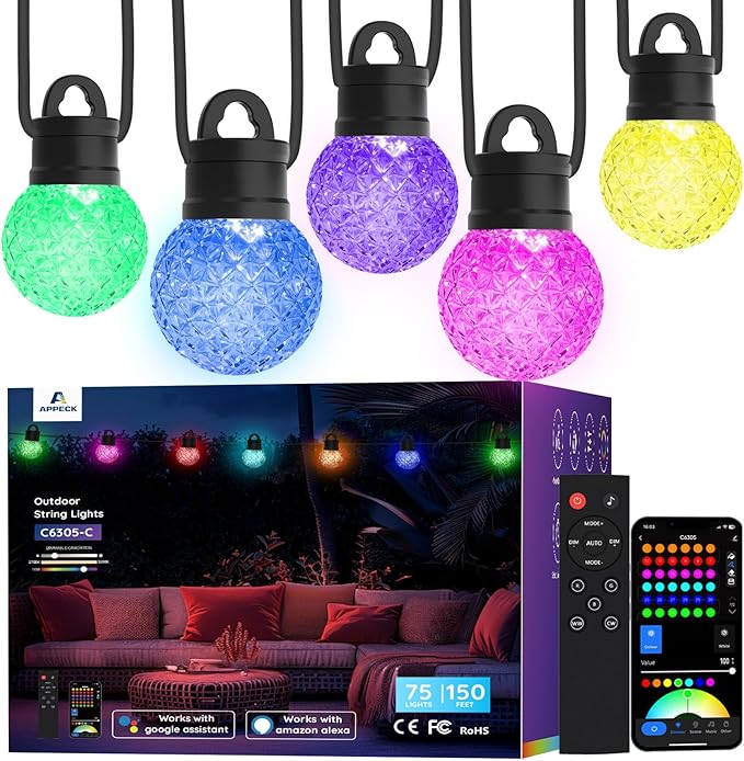 APPECK Outdoor String Lights 150ft, RGBW Color Changing Patio Lights by APPECK