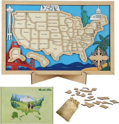 Wooden USA Landmark Travel Map, 16.5 x 11, 3-Layer Wood State Map Tracker Puzzle by Motivilla