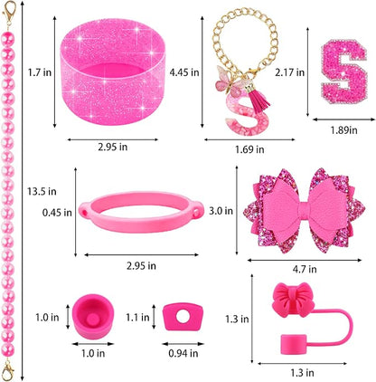 9PCS Hot Pink for Stanley Cup Accessories Set Bling Initials Bow Charms for - Image 3