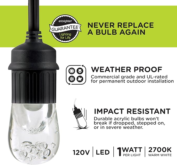 Enbrighten Classic Warm White String Lights, 36ft Black Cord, 18 Shatterproof - Image 4