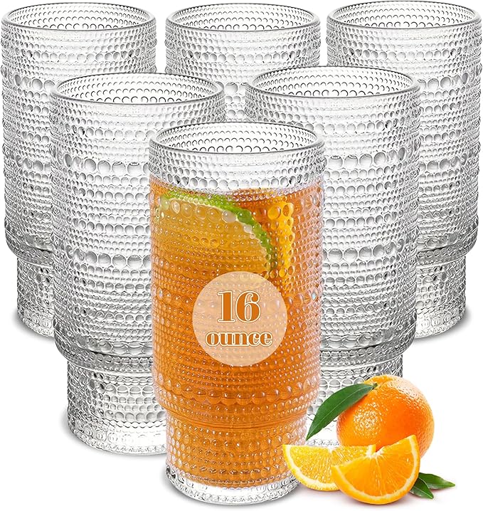 Large Capacity 16 oz Hobnail Drinking Glasses Set of 6, Vintage Glassware by Cowjut