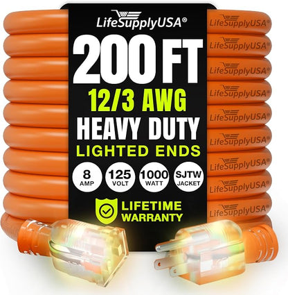200ft Outdoor/Indoor Extension Cord 12/3 Gauge Extra Heavy Duty 3 Prong SJTW by LifeSupplyUSA